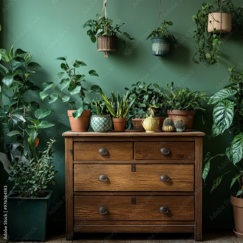 Interior design with plants in pots and wooden chest of drawers