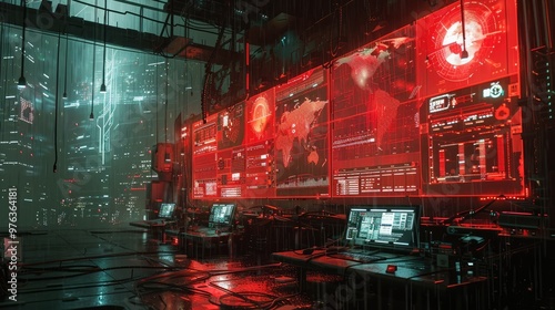 Futuristic city landscape with glowing red neon lights glass skyscrapers and a dark dystopian atmosphere The image features a digital