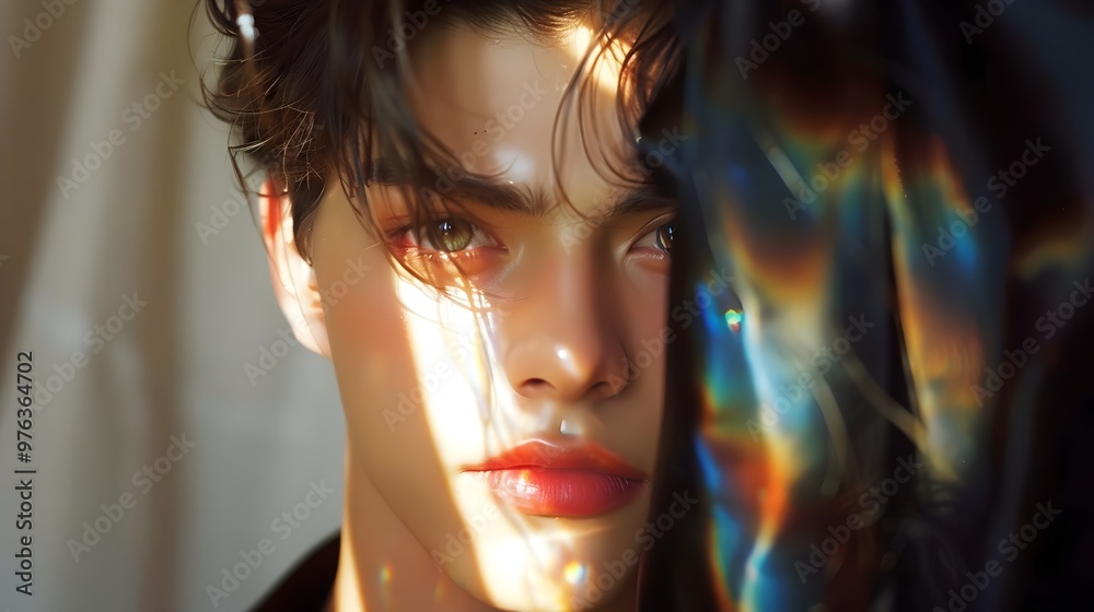 Obraz premium Stunning Portrait Natural Light Reflection Colorful Shadows Male Model | AI Generated
