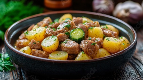 Hearty meat and potato dish served in a rustic bowl with fresh herbs on a woo...