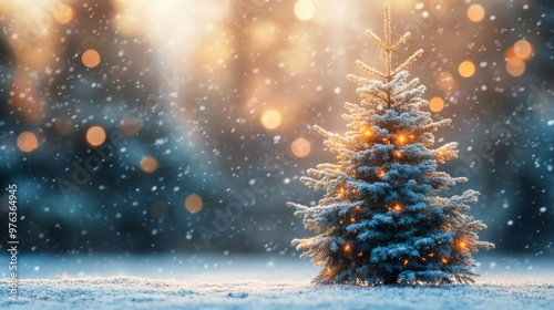 Snowfall gently envelops a frosty pine branch in a tranquil winter wonderland