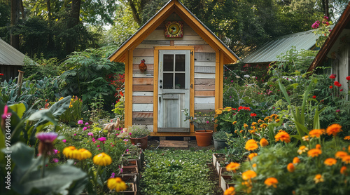 Fototapeta Naklejka Na Ścianę i Meble -  A brightly painted chicken coop in a small backyard, surrounded by vegetable gardens and flowering plants. Generative AI.