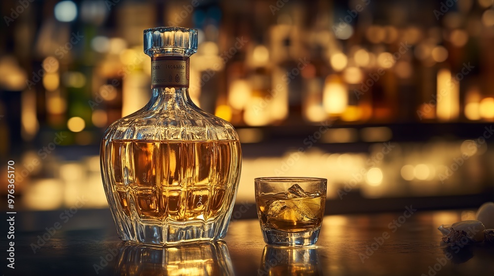 A beautifully crafted whiskey bottle and glass on a bar counter, showcasing a warm, inviting atmosphere. A beautifully crafted whiskey bottle and glass on a bar counter, showcasing a warm, inviting atmosphere.
