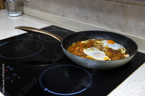 Vegetable ratatouille with fried egg on top, cooking in a pan. Spanish food concept. photo