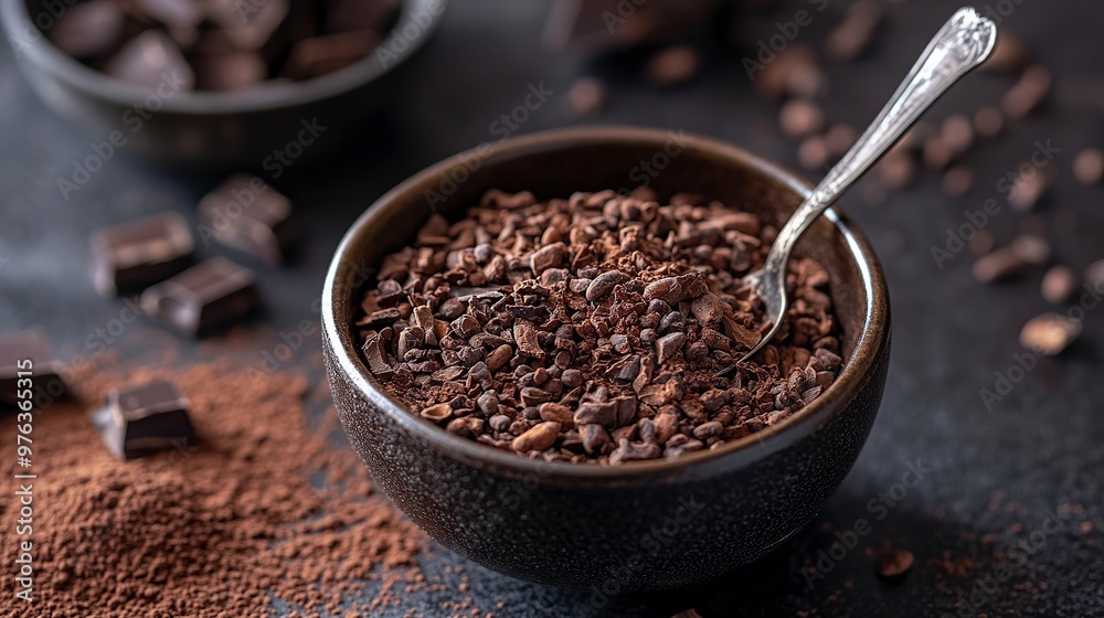 A bowl filled with cocoa nibs, accompanied by chocolate pieces, showcasing a rich, textured food scene. A bowl filled with cocoa nibs, accompanied by chocolate pieces, showcasing a rich, textured food scene.