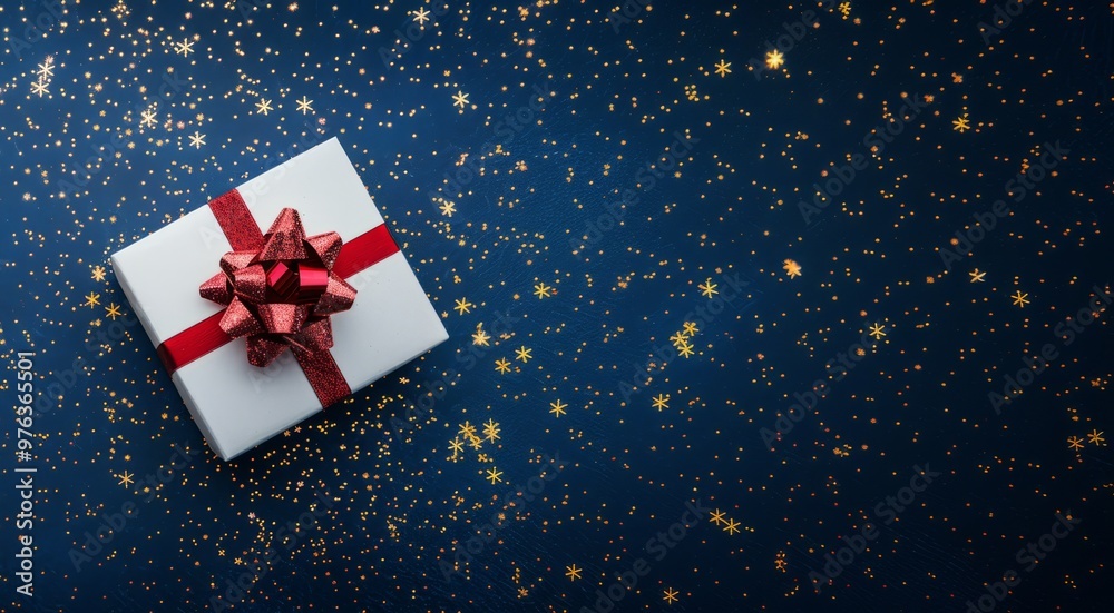 gift box with red bow on cosmic blue background. place for congratulations gift box with red bow on cosmic blue background. place for congratulations