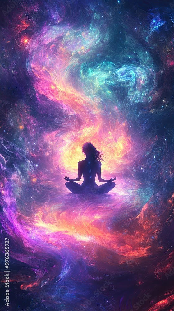 A Person Meditating in a Colorful Cosmic Environment Under a Starry Night Sky A Person Meditating in a Colorful Cosmic Environment Under a Starry Night Sky
