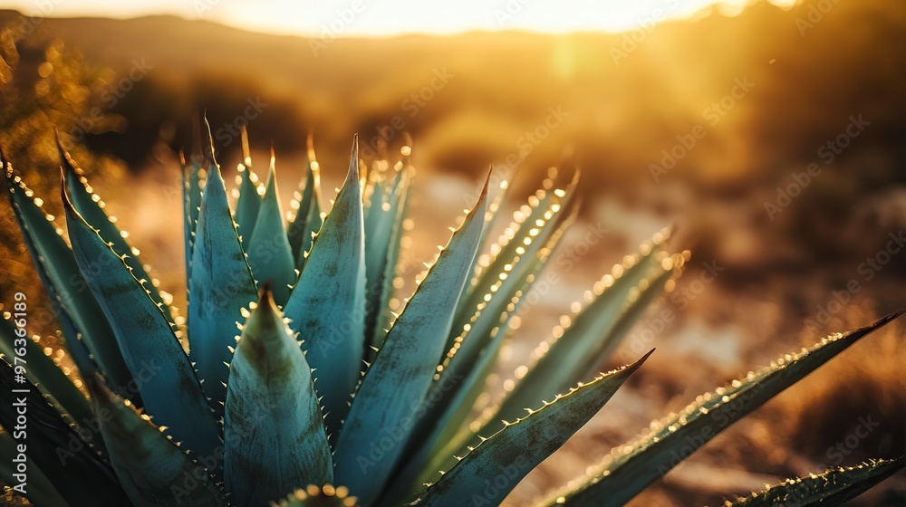 A close-up of a succulent plant with sharp leaves, illuminated by warm sunlight in a natural landscape. A close-up of a succulent plant with sharp leaves, illuminated by warm sunlight in a natural landscape.
