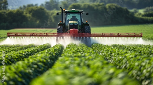 Tractor spraying crops in a lush green field during a sunny day