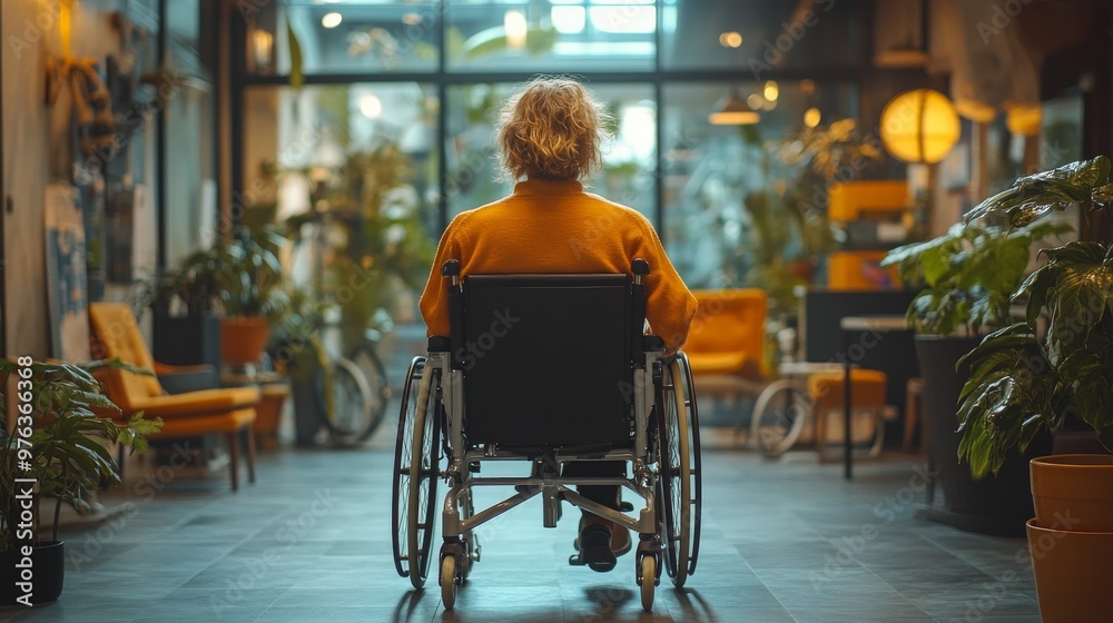 Obraz premium A woman in a wheelchair enjoys a vibrant cafe atmosphere filled with greenery and natural light