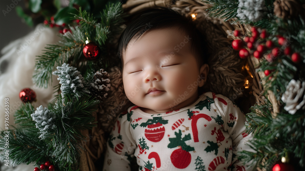 クリスマスのオンサイを着た新生児 クリスマスのオンサイを着た新生児
