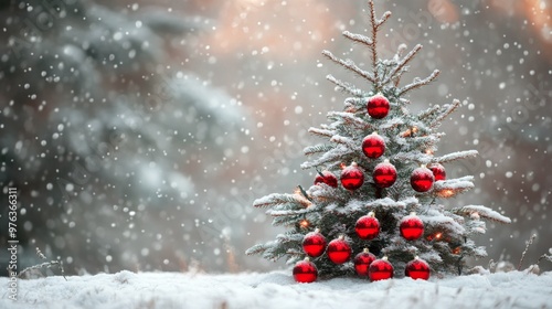 A beautifully decorated Christmas tree surrounded by snowy landscape in a win...