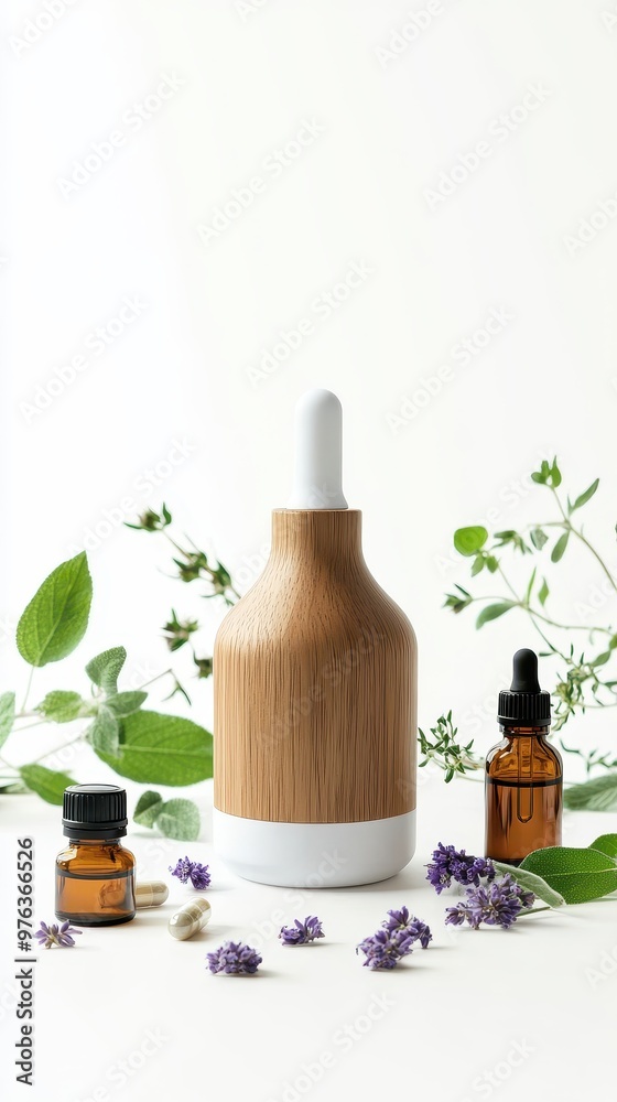 Essential oils, herbal remedies, and a diffuser are arranged harmoniously with fresh greenery Essential oils, herbal remedies, and a diffuser are arranged harmoniously with fresh greenery