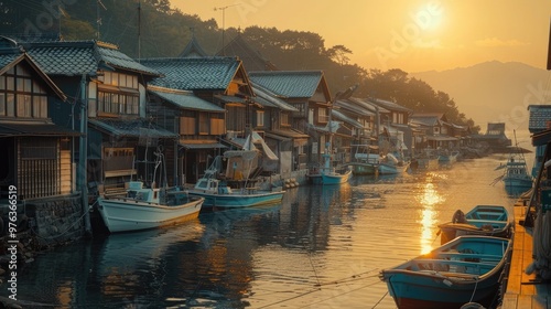 Breathtaking sunset scene over a tranquil lake surrounded by a traditional Japanese village with wooden houses boats and a majestic mountain backdrop  Peaceful idyllic and picturesque landscape view
