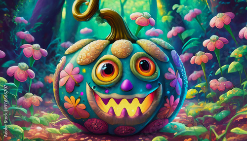 oil painting style cartoon character illustration multicolored A lamp in the shape of a pumpkin