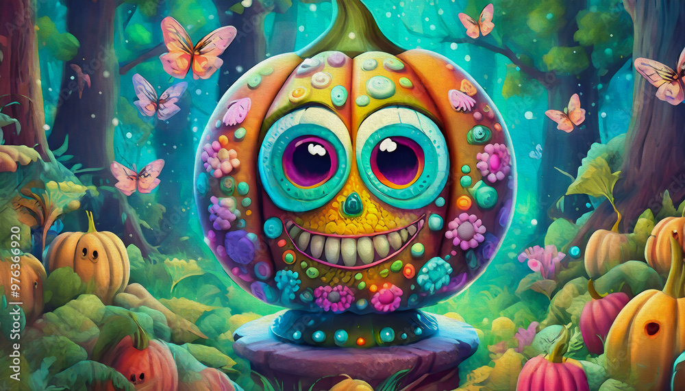 oil painting style cartoon character illustration multicolored A lamp in the shape of a pumpkin oil painting style cartoon character illustration multicolored A lamp in the shape of a pumpkin