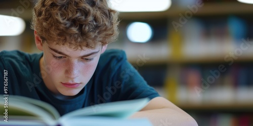 A focused teenager with curly hair intently reads a book in a library setting, highlighting the importance and value of reading and education in youth. photo