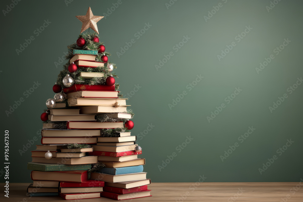 Stack of books arranged like a Christmas tree, topped with a star and ornaments