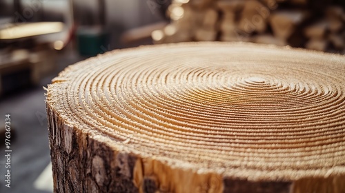 A close-up view of a freshly cut tree stump showcasing its growth rings and natural texture.