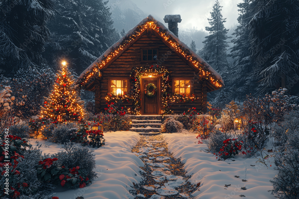 Obraz premium A cozy, eco-friendly cabin with solar-powered Christmas lights and a sustainable, handcrafted tree made from recycled materials. Concept of green Christmas celebrations.