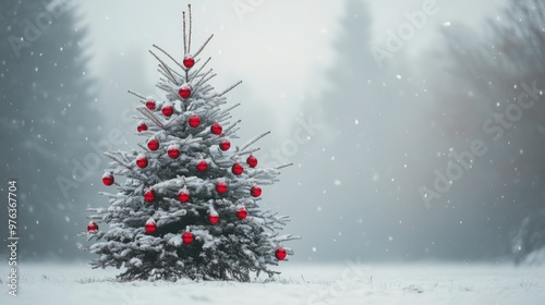 A beautifully decorated Christmas tree surrounded by snowy landscape in a win...