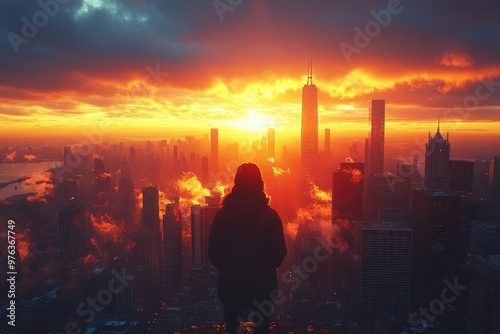 A lone figure gazes over a magnificent cityscape at sunrise, enveloped in warm, glowing light, with towering buildings stretching into the horizon.