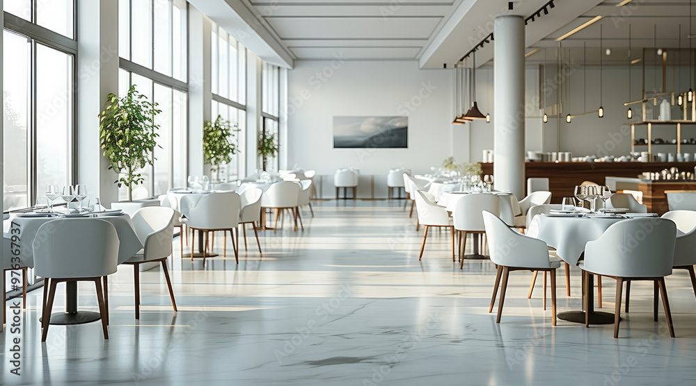 Fototapeta premium High end restaurant, minimalist style, arrangement of tables and chairs. Generative AI.