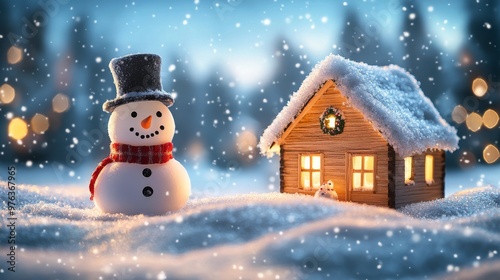 Snowman in front of a cozy cabin decorated for Christmas during a snowy evening