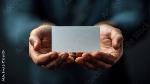 Person holding a blank business card in hands with a soft background during d...