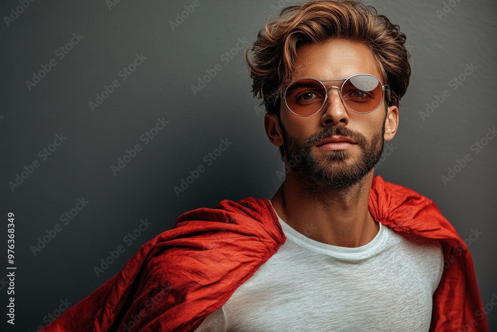 A confident young man in sunglasses and a red cape strikes a heroic pose against a dark background, embodying a modern superhero. A confident young man in sunglasses and a red cape strikes a heroic pose against a dark background, embodying a modern superhero.