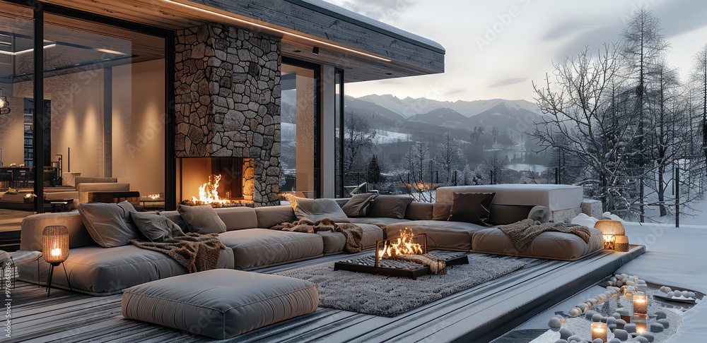 A luxurious outdoor living area in winter. The setting includes a stone terrace with wooden floors, large comfortable sofas covered with soft blankets and pillows. A modern stone fireplace crackles. A luxurious outdoor living area in winter. The setting includes a stone terrace with wooden floors, large comfortable sofas covered with soft blankets and pillows. A modern stone fireplace crackles.