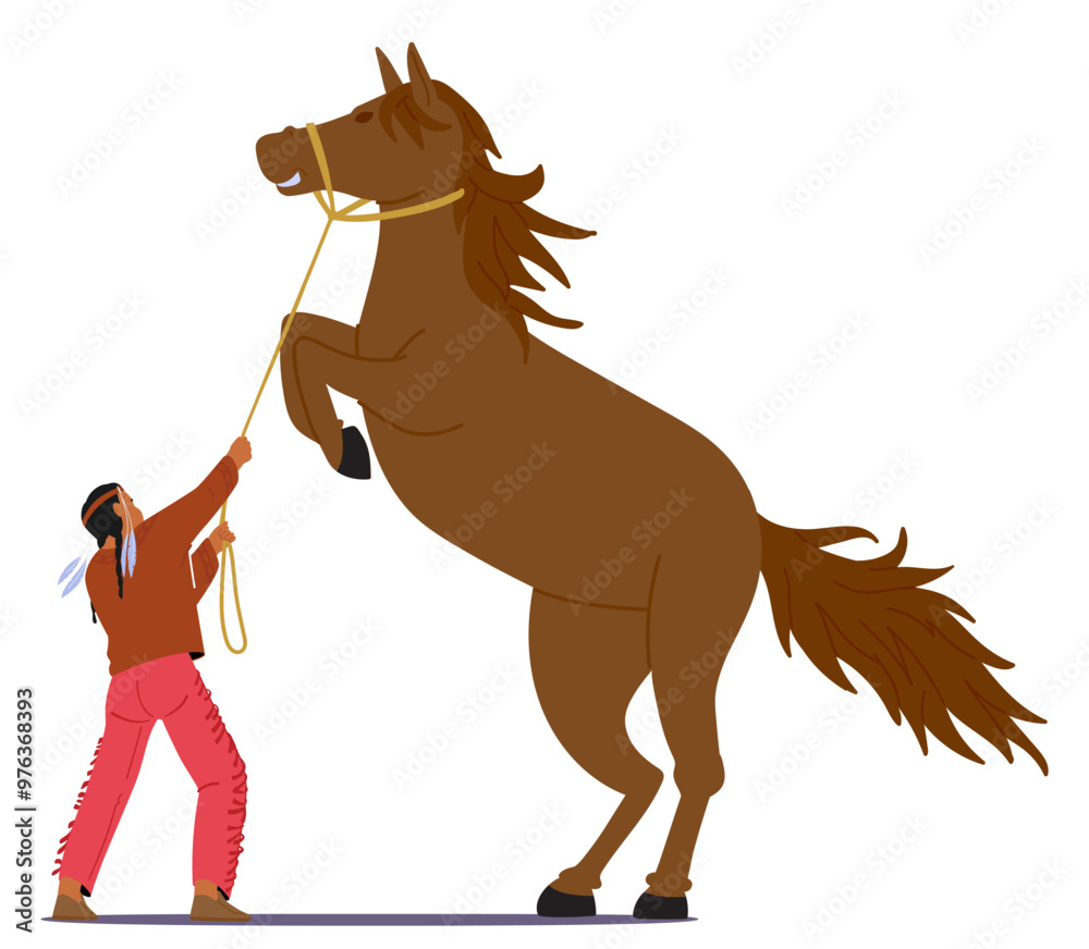Cartoon Native American Character Guiding Rearing Horse, Depicts ...