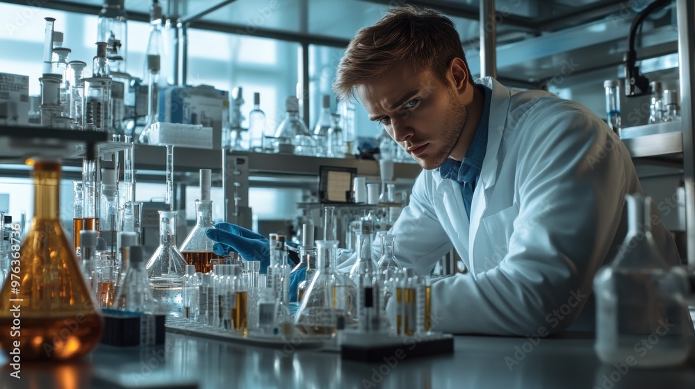 A determined male scientist in a white coat conducts experiments amidst laboratory glassware, deeply focused, embodying modern scientific exploration and discovery. A determined male scientist in a white coat conducts experiments amidst laboratory glassware, deeply focused, embodying modern scientific exploration and discovery.
