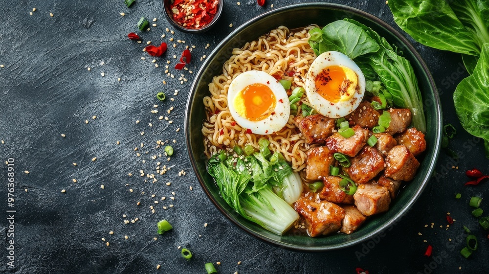 Savory ramen bowl with tender chicken, soft-boiled eggs, and fresh vegetables on a dark surface Savory ramen bowl with tender chicken, soft-boiled eggs, and fresh vegetables on a dark surface