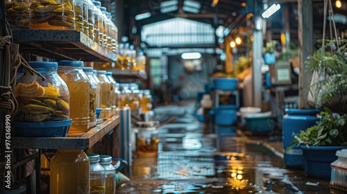 Bustling indoor market with an array of fresh produce jarred goods and other merchandise on display Customers can browse the diverse selection of products in the lively industrial style setting