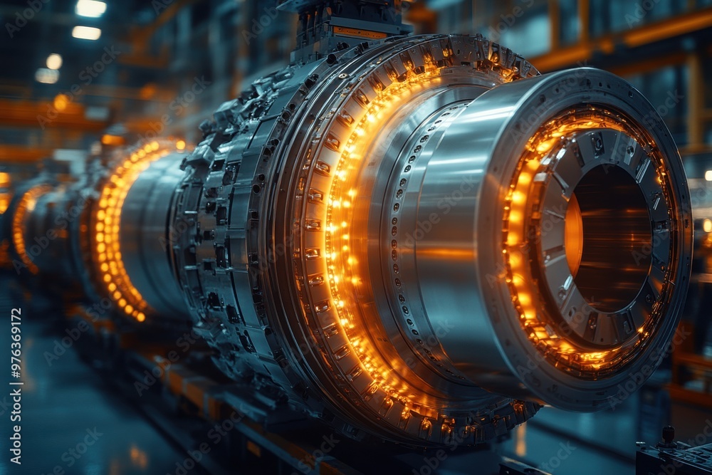 Rows of advanced, illuminated industrial machinery dominate the frame, highlighting the power and precision of modern technological installations. Rows of advanced, illuminated industrial machinery dominate the frame, highlighting the power and precision of modern technological installations.
