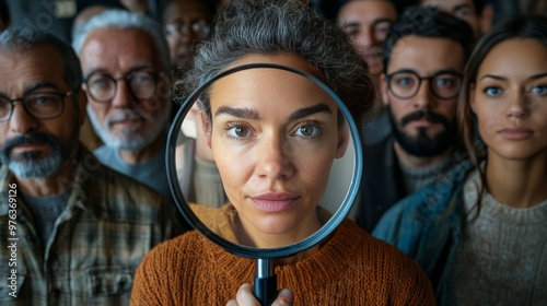 Magnifying glass revealing a dense crowd during sunset showcasing the diversi...