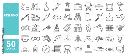 Set of 50 line icons related to fishing, fish, fisherman, boat, lake, net, tackle, hook, ship, catch, float, hunting, rod, tuna, shark, bait, Editable stroke. Vector illustration