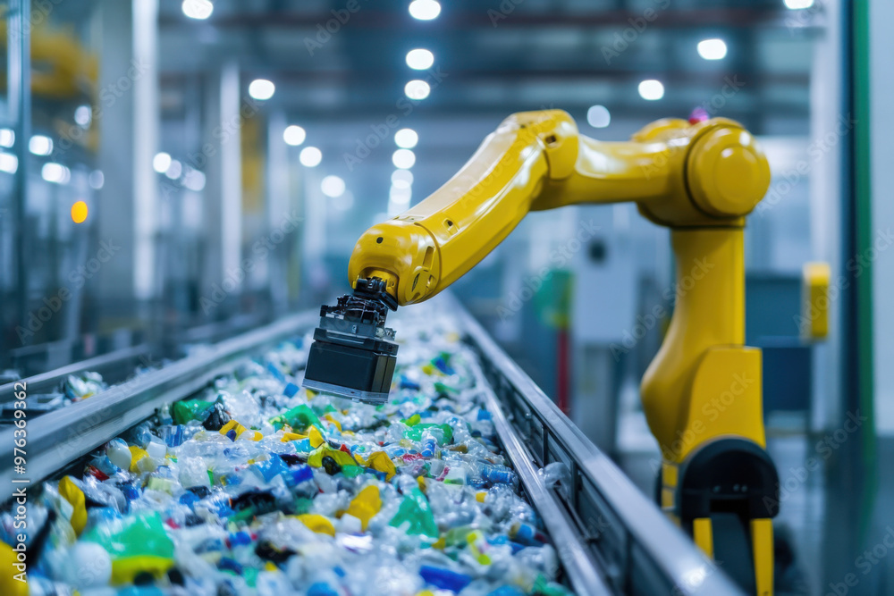 Fototapeta premium Yellow robotic arm sorting plastic waste on a conveyor belt in a recycling plant, automation and waste management technology