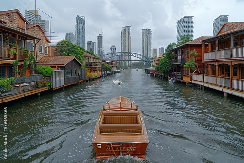 A boat is traveling down a river in a city photo