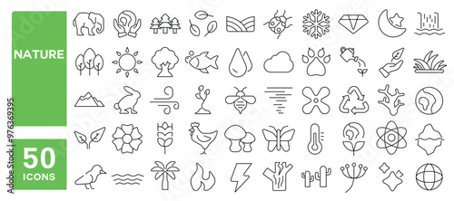 Set of 50 line icons related to nature, landscape, trees, mountain, plants, river, ocean, sky, sun, cloud, green, fresh air, leaf, animals, earth, globe, flowers, Editable stroke. Vector illustration