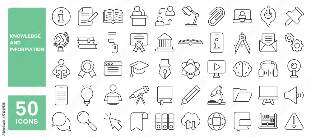 Set of 50 line icons related to knowledge and information, research, skill, data, transfer, distribution, sharing, learn, process, education, guidance, Editable stroke. Vector illustration Set of 50 line icons related to knowledge and information, research, skill, data, transfer, distribution, sharing, learn, process, education, guidance, Editable stroke. Vector illustration