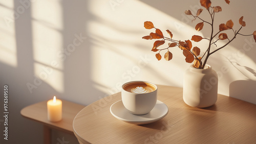 秋のミニマリストデスクとエスプレッソ