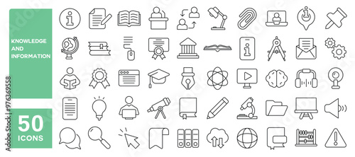 Set of 50 line icons related to knowledge and information, research, skill, data, transfer, distribution, sharing, learn, process, education, guidance, Editable stroke. Vector illustration