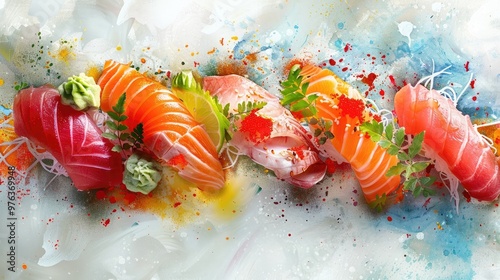 Fototapeta Naklejka Na Ścianę i Meble -  A visually stunning arrangement of colorful sushi rolls nigiri and fresh ingredients set against an abstract watercolor splatter background creating a mouthwatering and culinary display