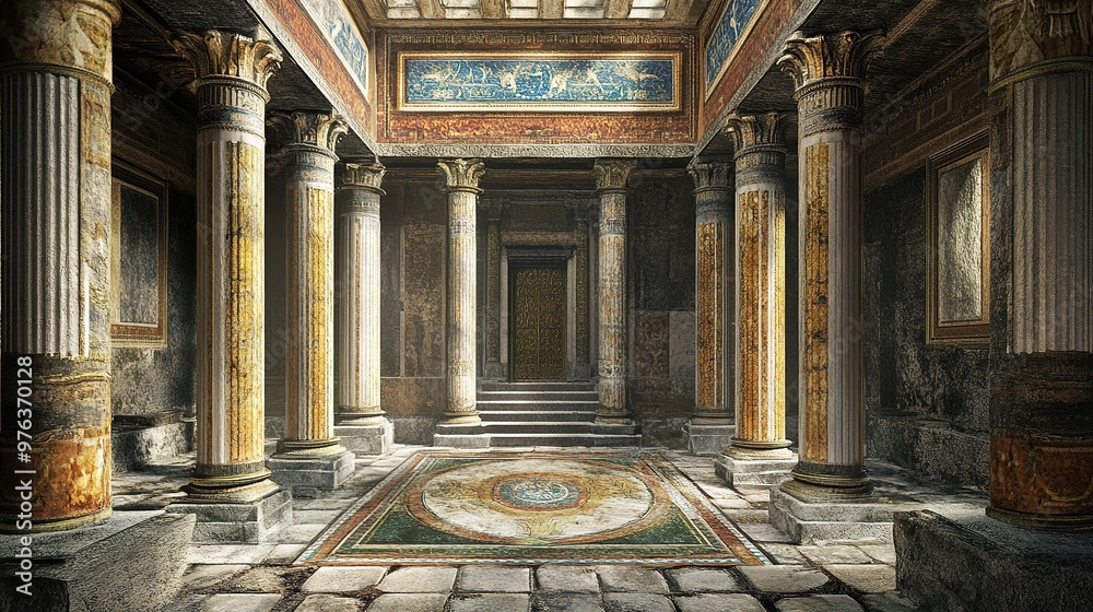 Obraz premium Grand Roman arches and columns in a historical cityscape setting