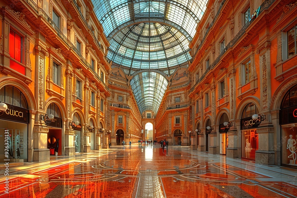 Naklejka premium A large, open shopping mall with a glass ceiling and many stores