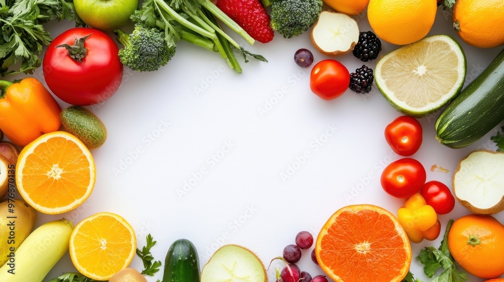 A variety of vibrant fruits and vegetables are artfully displayed on a clean, white backdrop A variety of vibrant fruits and vegetables are artfully displayed on a clean, white backdrop