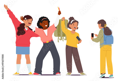 Group Of Diverse Schoolchildren Celebrating Break Time With Joy And Excitement In Classroom. Vector Illustration