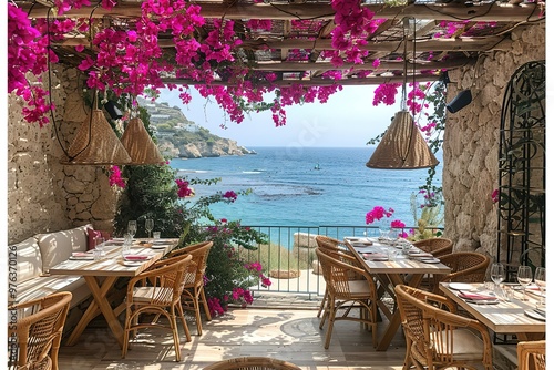 Fototapeta Naklejka Na Ścianę i Meble -  A restaurant with a view of the ocean and a lot of pink flowers